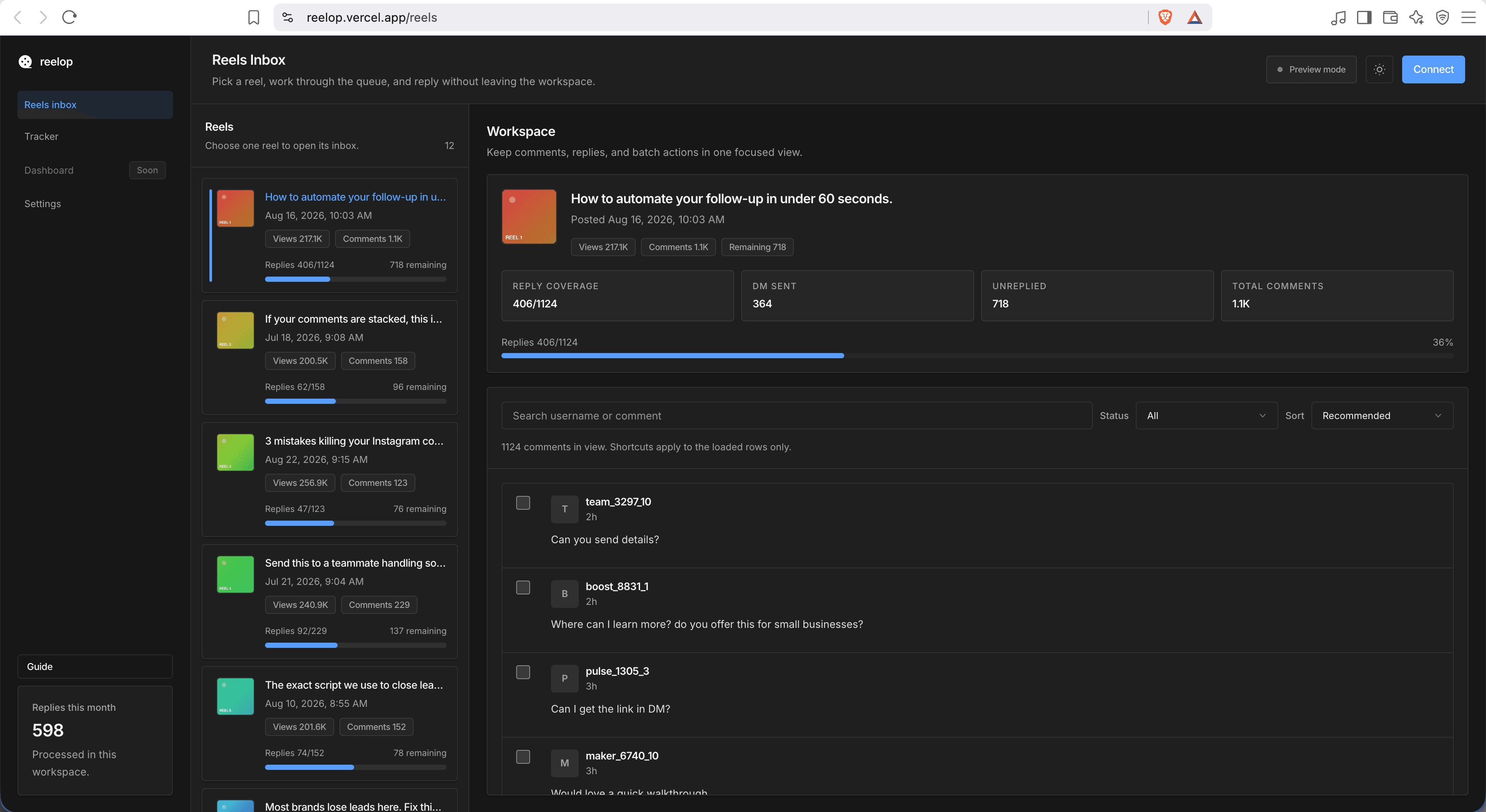 ReelOp dashboard showing reels, comment filters, and workspace actions