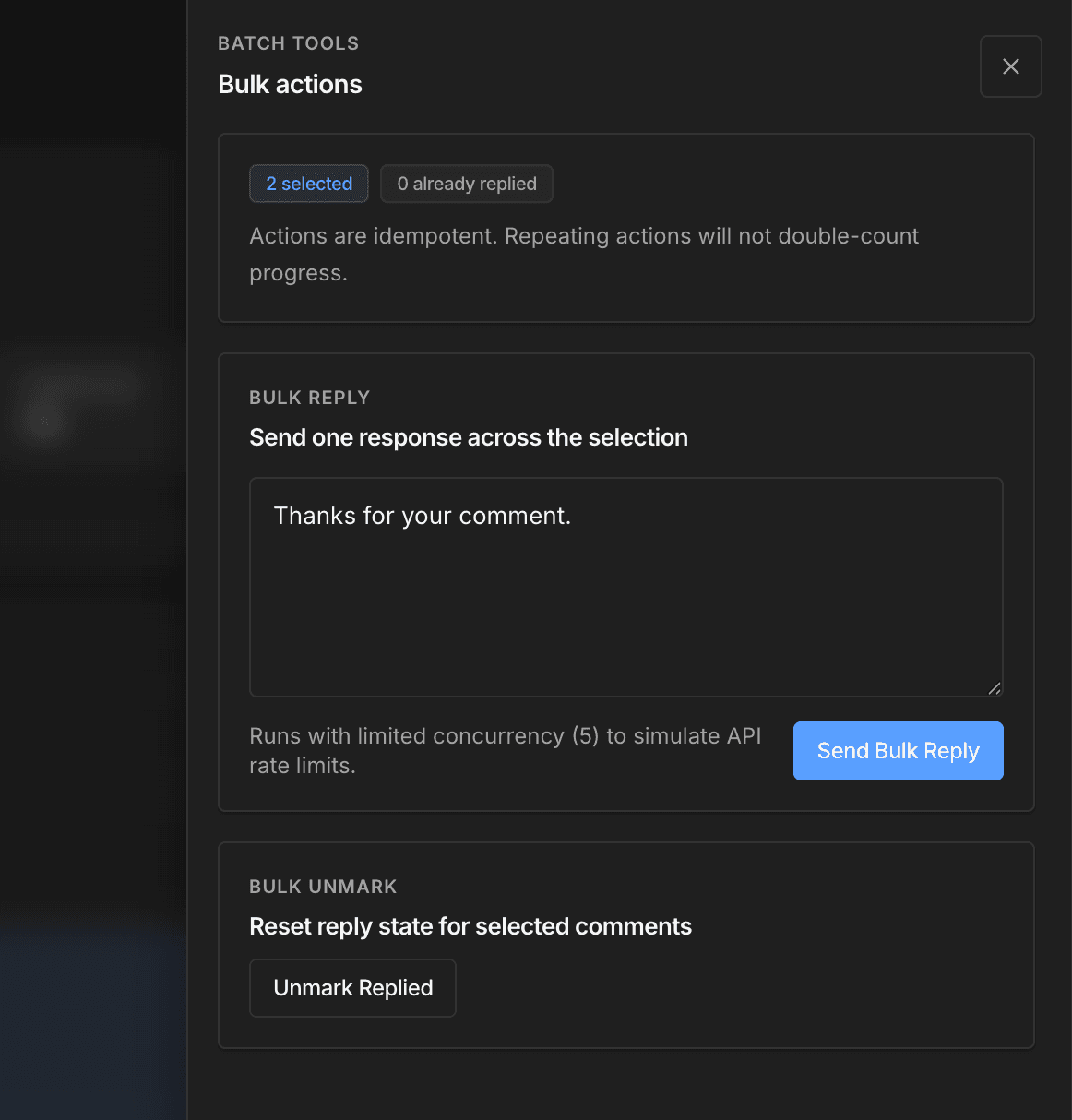 ReelOp bulk action drawer for replying to selected comments