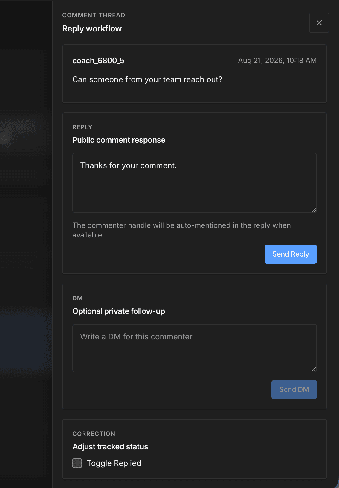 ReelOp single comment drawer with reply and action controls
