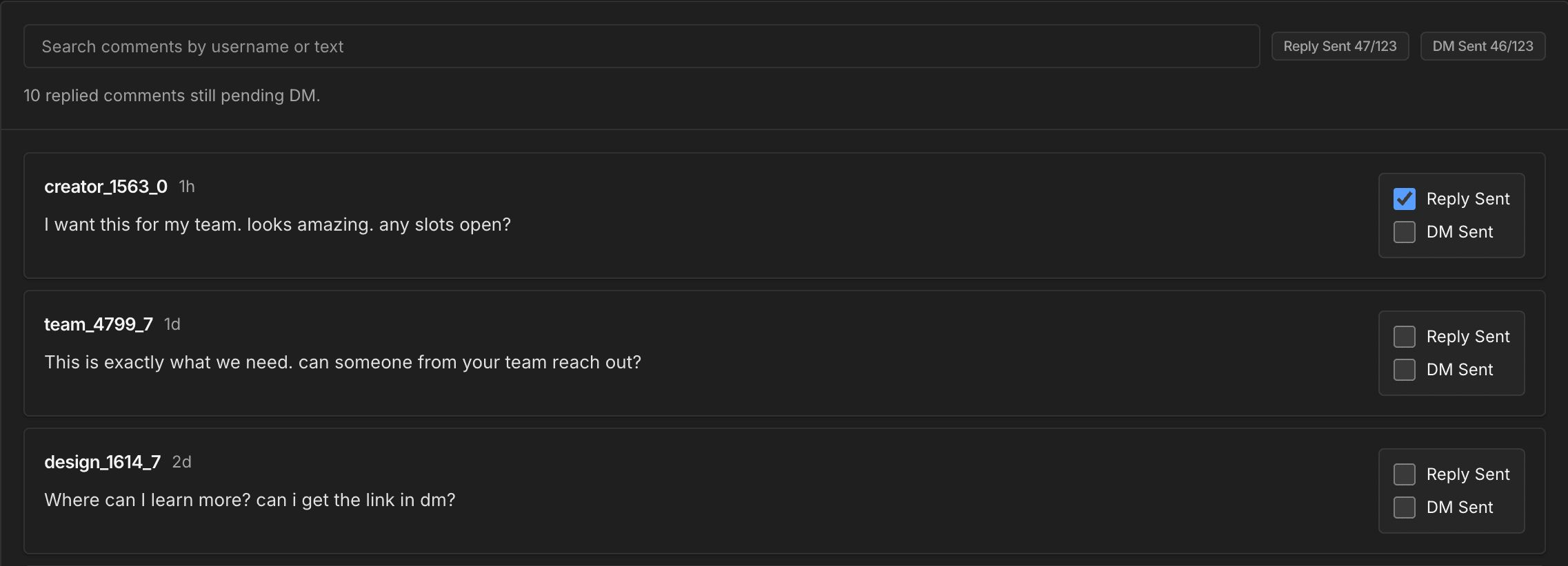 ReelOp tracker showing reply and DM follow-up status